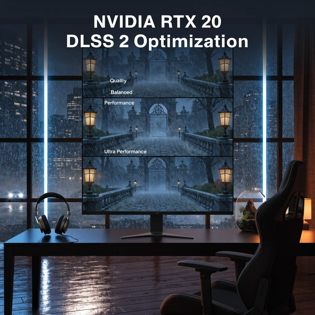 A high-resolution gaming setup showcasing NVIDIA RTX 20 GPU running DLSS 2 technology with optimized settings labeled Quality, Balanced, Performance, and Ultra Performance.