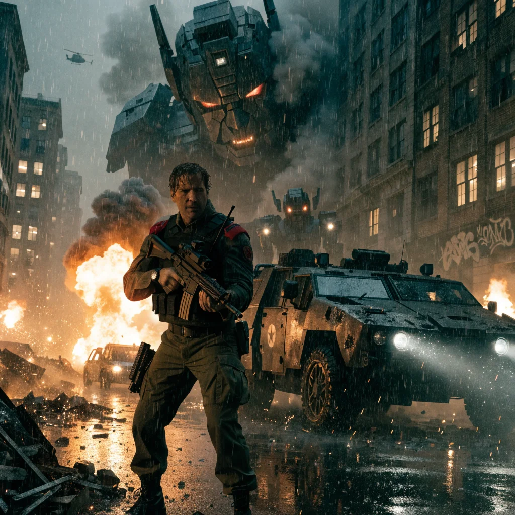 Realistic photo of Bradley Cooper as Duke from the Paramount G.I. Joe 2024 action movie, with G.I. Joe and Transformers crossover elements.