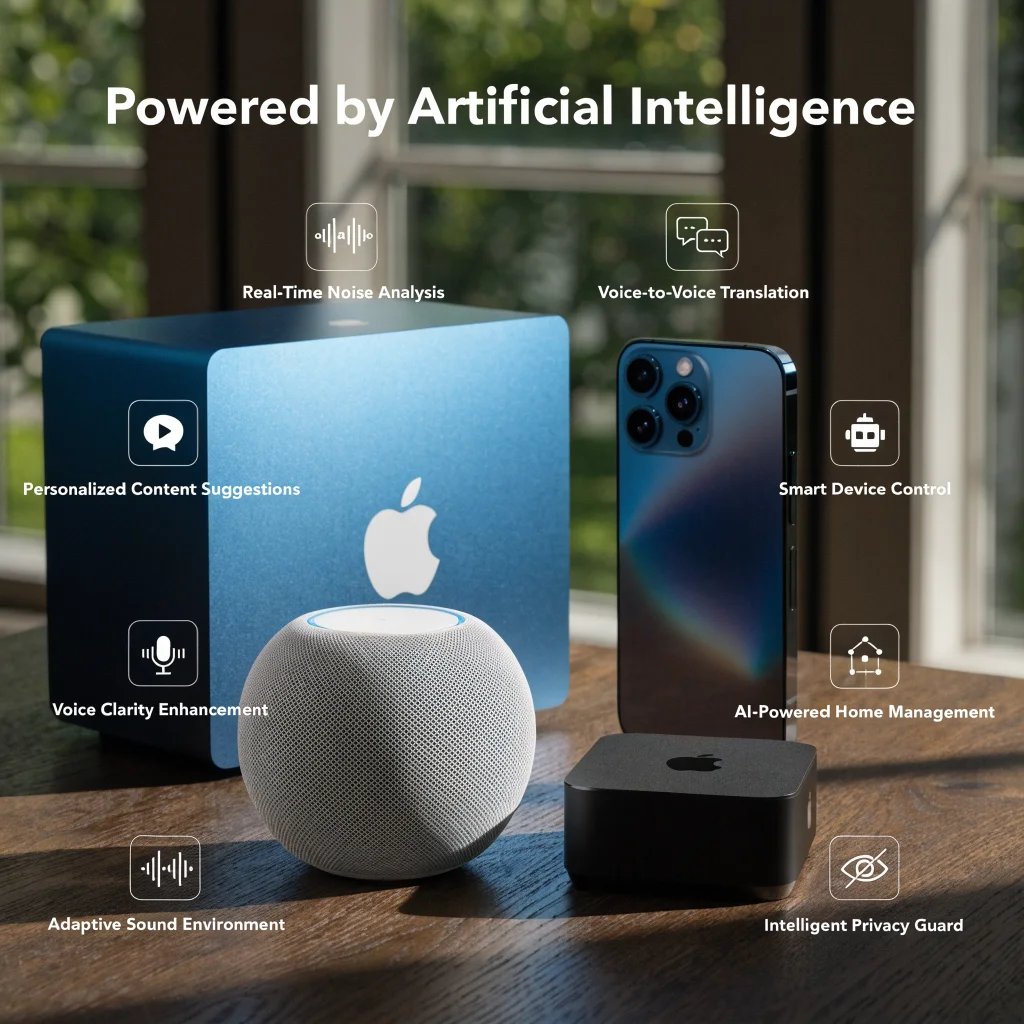 A sleek Apple HomePod mini 2 and Apple TV 4K displayed on a modern table with an iPhone 18 Pro and Mac Studio in the background, surrounded by AI support icons.