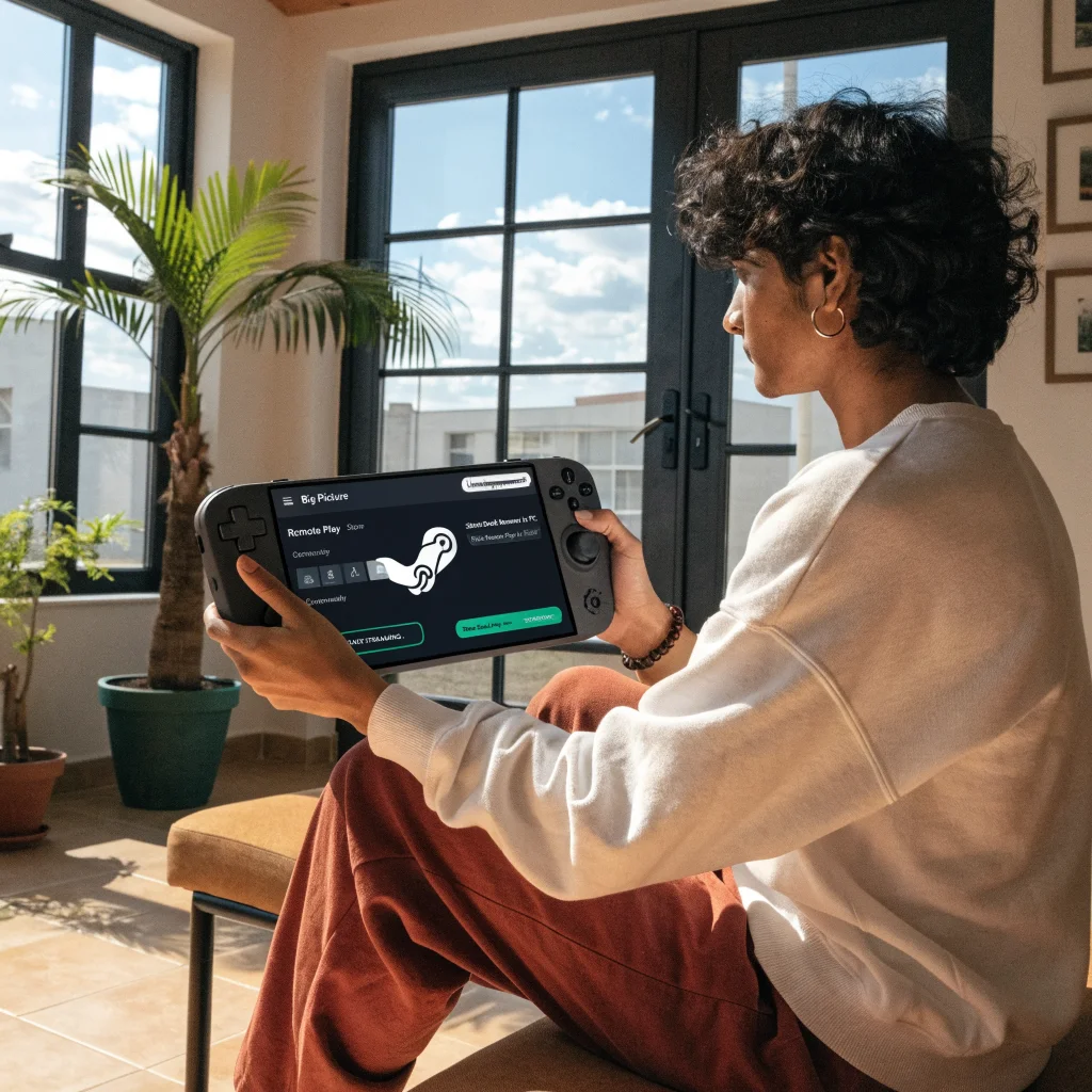 A user interacts with the Steam client in Big Picture Mode on a Steam Deck, showing a bouncing Valve logo screensaver during remote play streaming with Linux improvements.