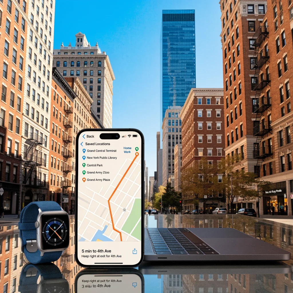 A modern iPhone screen displaying the updated Apple Maps app with saved locations and navigation instructions, surrounded by Apple devices like MacBook Pro and Apple Watch Series 12.