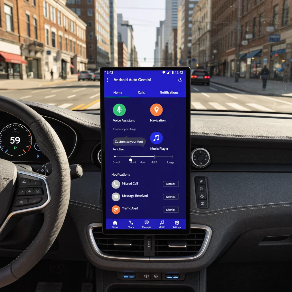 A modern car dashboard featuring the redesigned Android Auto Gemini interface with customizable fonts and notification management for an enhanced infotainment experience.