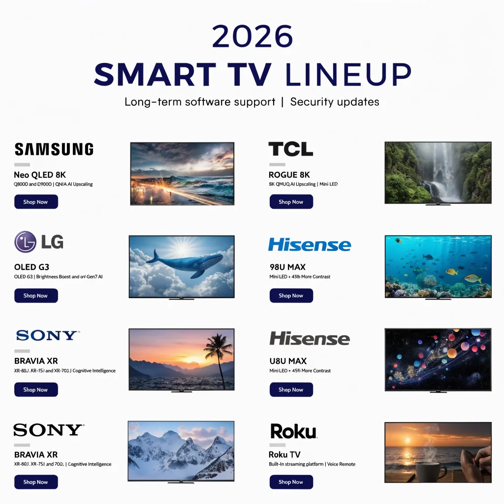 A lineup of 2026 smart TVs from Samsung, LG, Sony, TCL, Hisense, and Roku showcasing long-term software support and security updates.