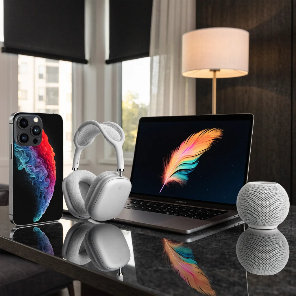 A sleek iPhone 18 Pro and a MacBook Pro with OLED screen displayed on a modern desk alongside AirPods Max 2 and HomePod mini 2 in a smart home setup.