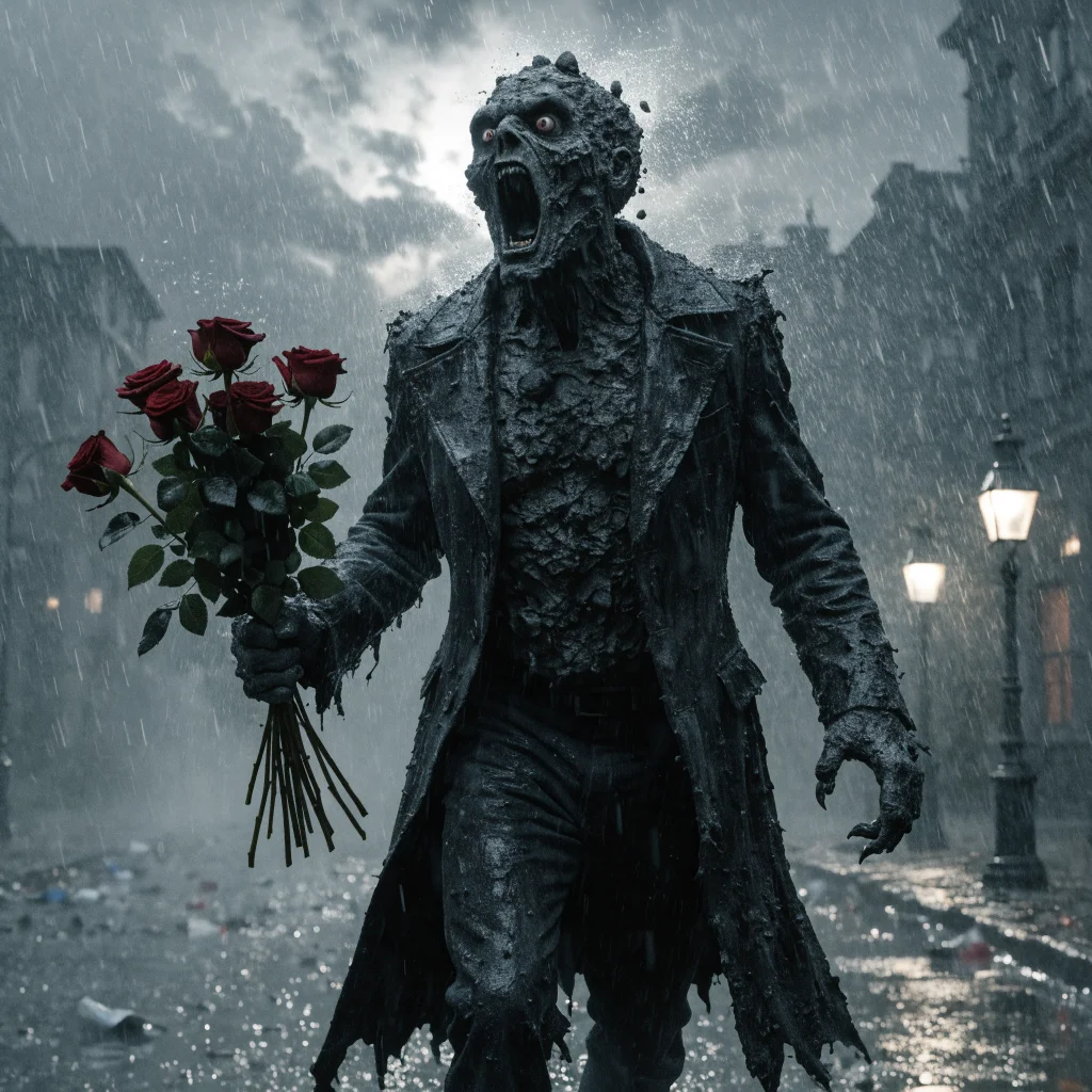 A realistic photo of Clayface as a menacing, romantic horror villain in a dark Gotham setting, directed by James Watkins, capturing intense emotion and fear.