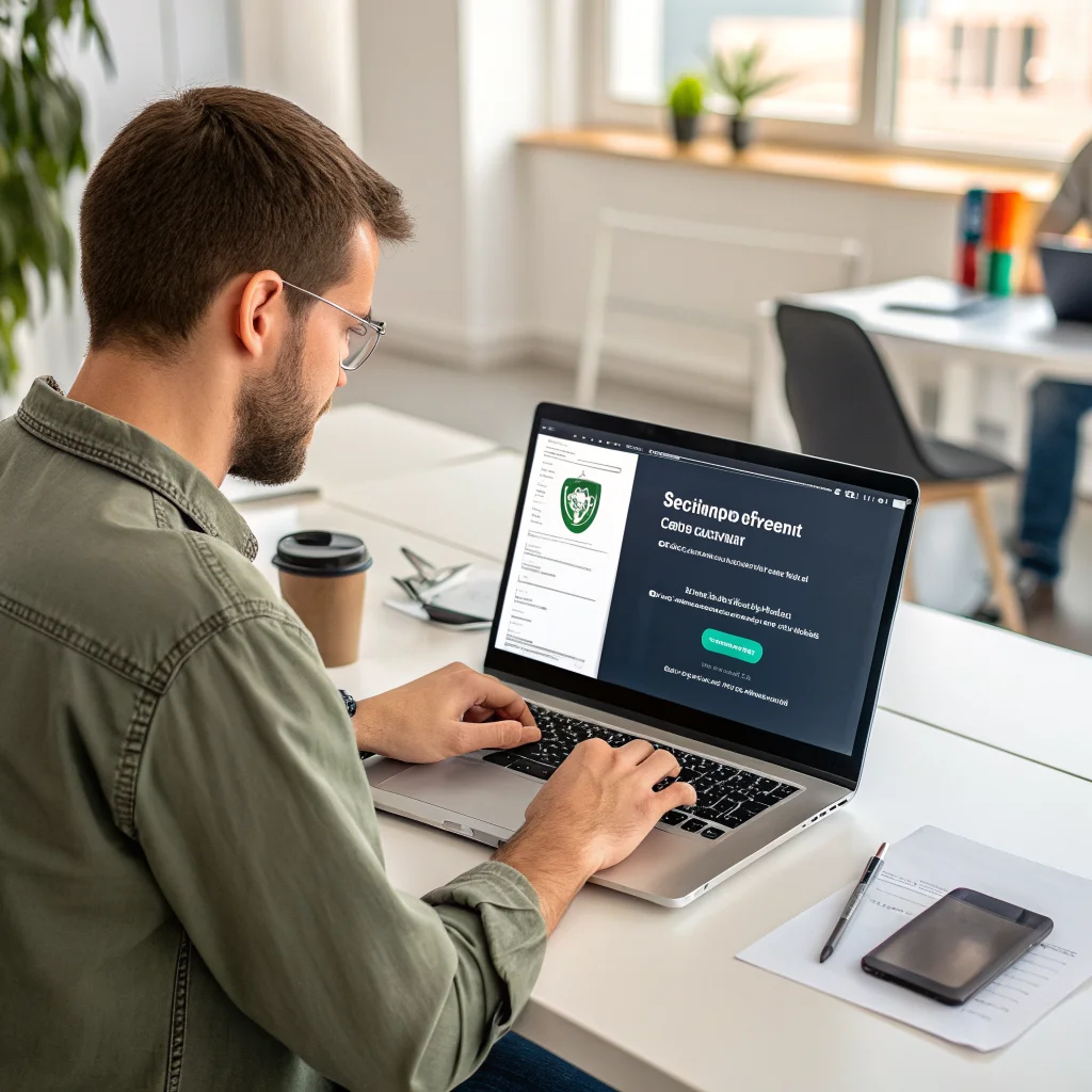 A realistic photo of a developer using Android AI Studio on a laptop, showcasing secure app publishing without a developer account in a private Android app library.