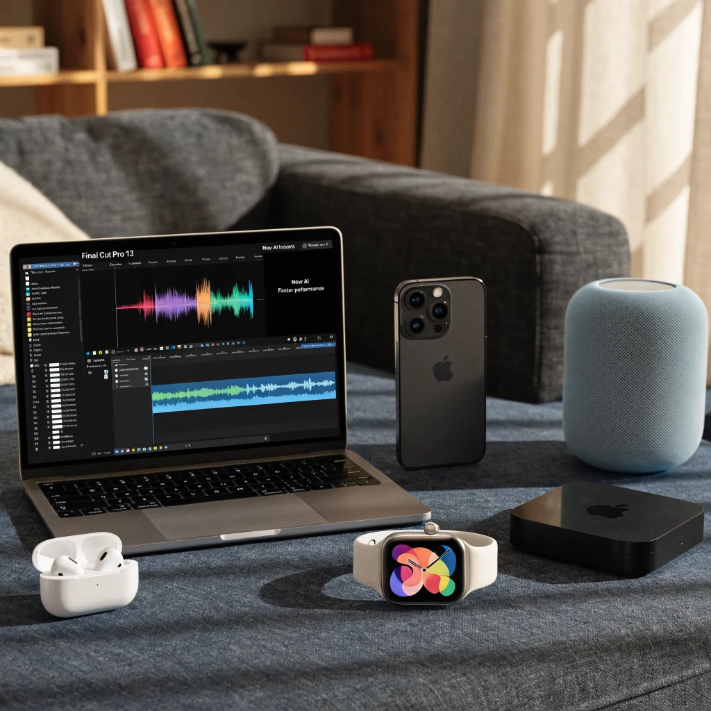 A MacBook Neo displaying Final Cut Pro 13 with new features, surrounded by iPhone 17, Apple Watch Series 11, AirPods, Apple TV 4K, and HomePod mini.