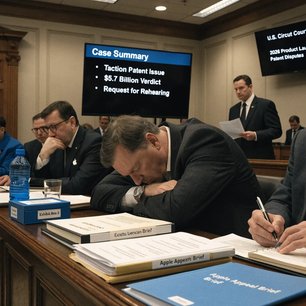 A courtroom scene showing Apple’s legal team appealing a $5.7 billion patent dispute over Taction technology amid upcoming 2026 Apple product launches.