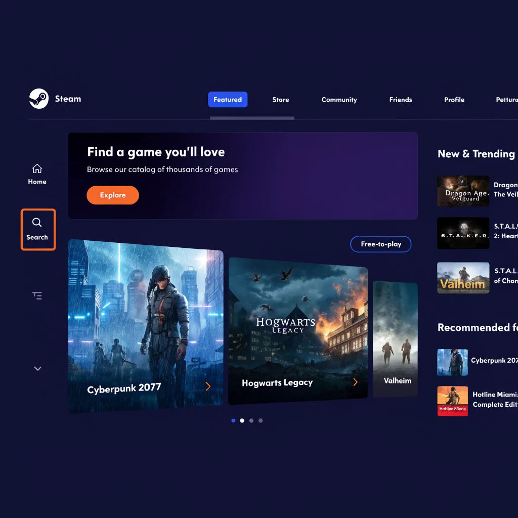 A modern computer screen showing the upgraded Steam Big Picture mode interface with full-size game art, smooth slide transitions, and user-friendly navigation buttons.