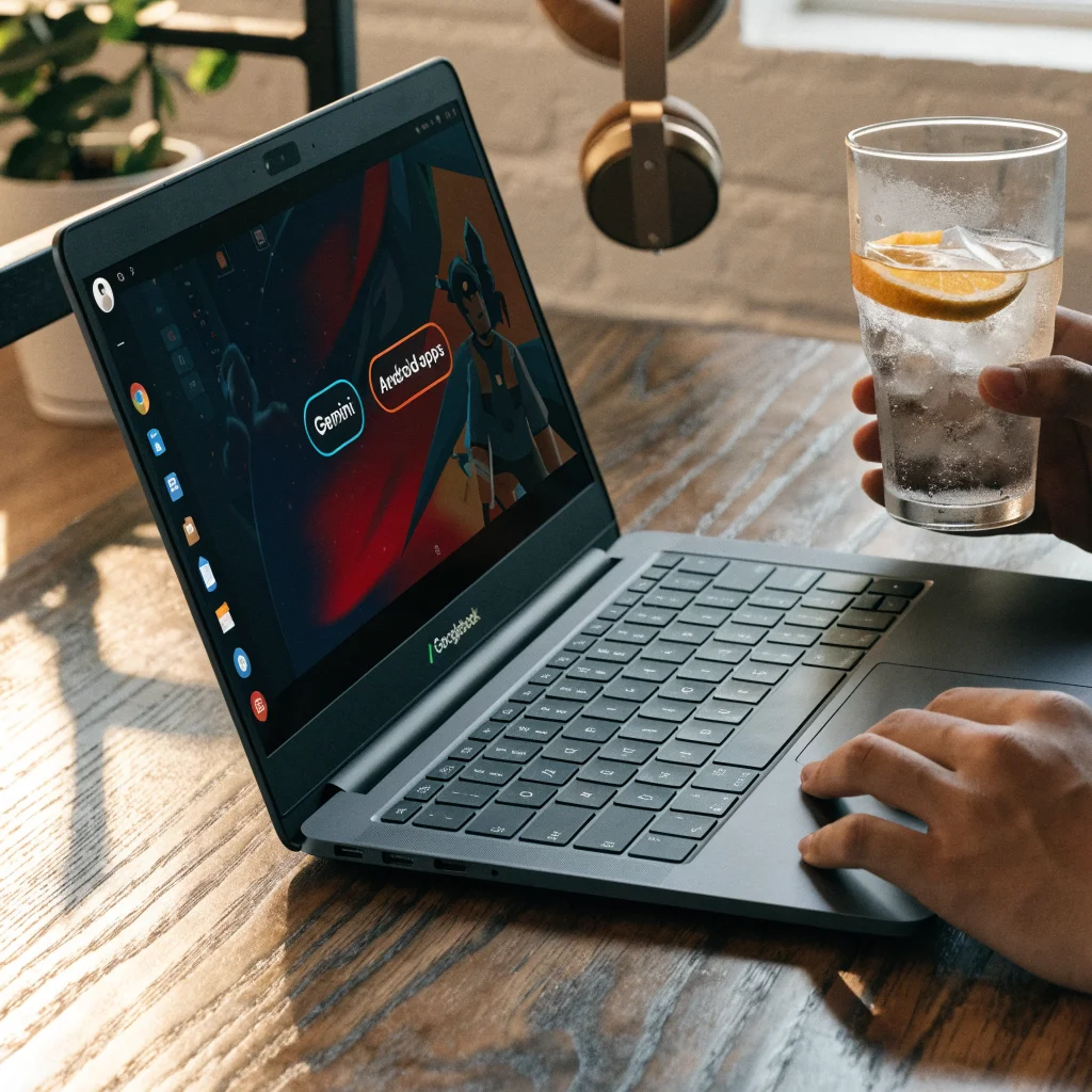 A close-up photo of a sleek Googlebook laptop showing Gemini integration and Android app support on its Chrome OS hybrid interface during gaming.