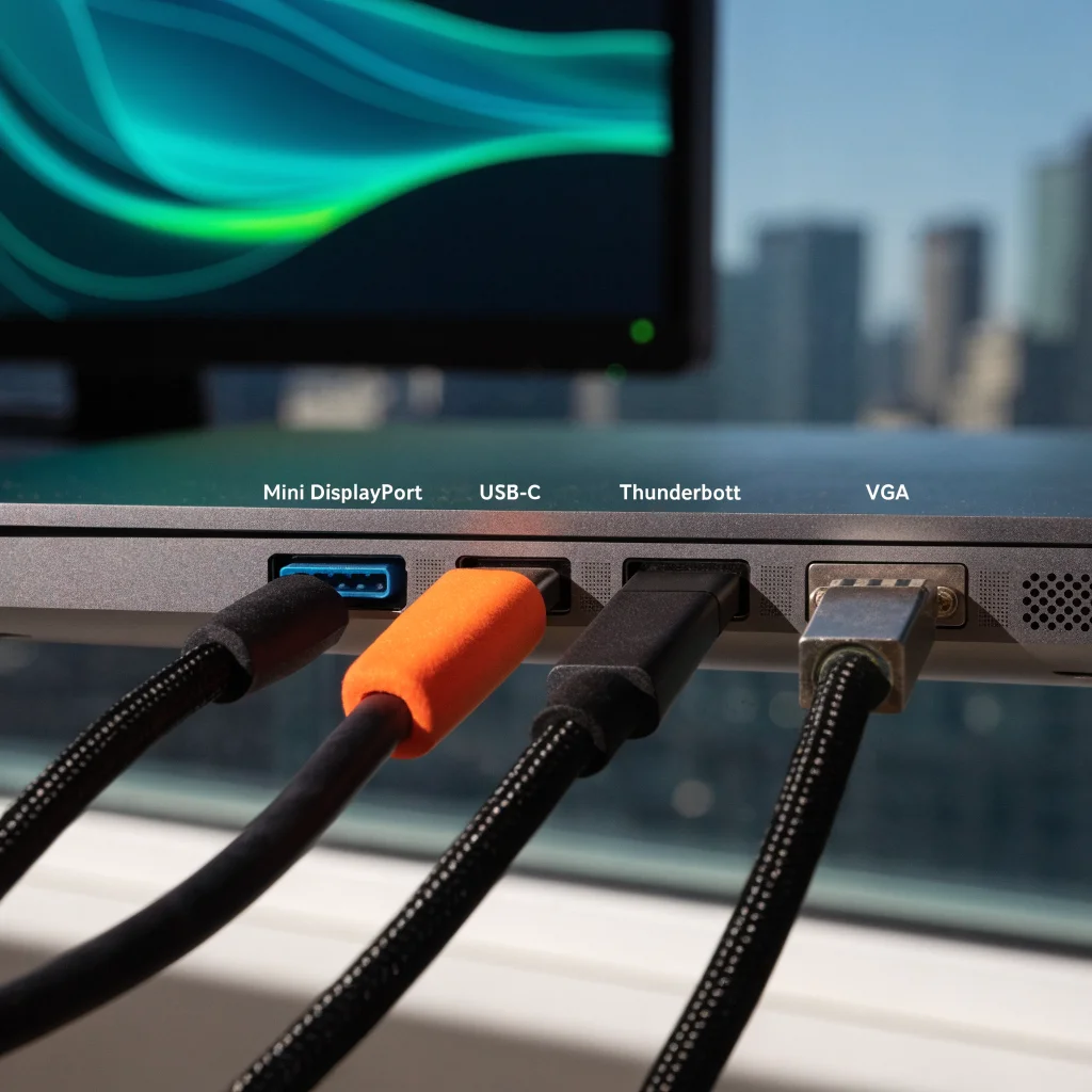 A close-up photo of a MacBook's Mini DisplayPort, USB-C, Thunderbolt, and VGA ports showcasing 8K gaming monitor connectivity.