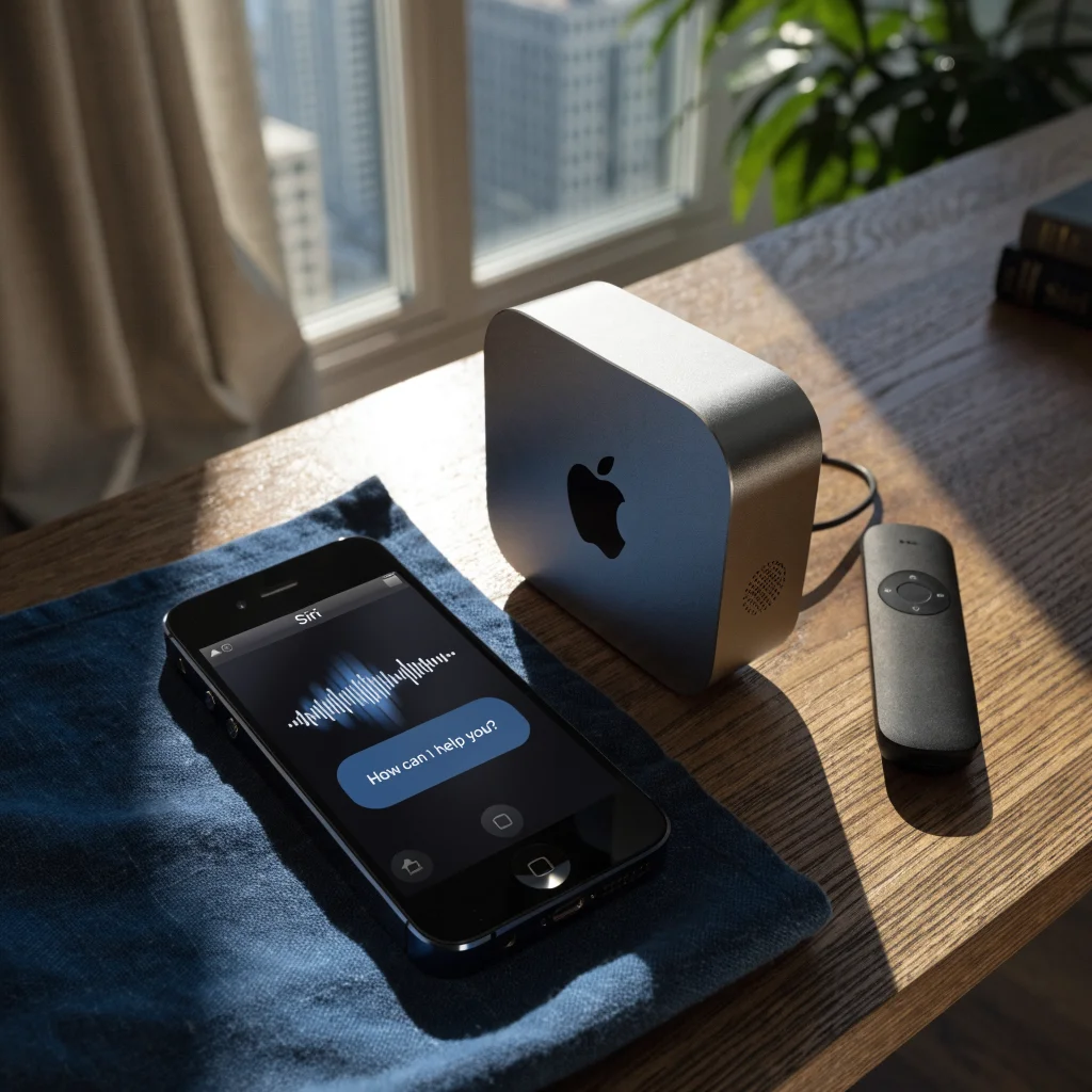 A realistic photo of an iPhone 4S displaying Siri on iOS 27, alongside an Apple TV 4K 4th generation and Siri Remote on a modern desk.