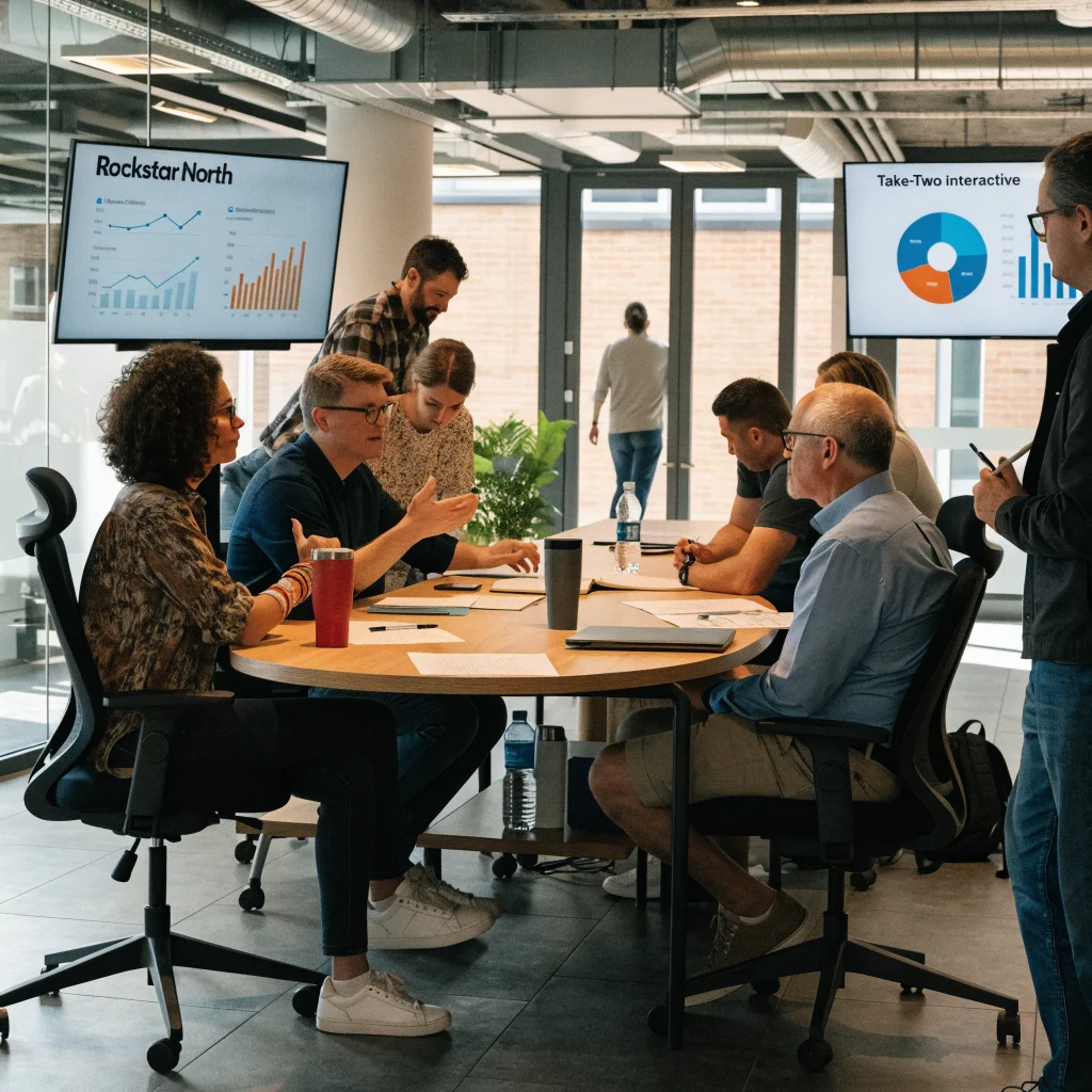A realistic photo of Rockstar North and Take-Two Interactive teams collaborating in a modern office while discussing GTA 6 development costs.