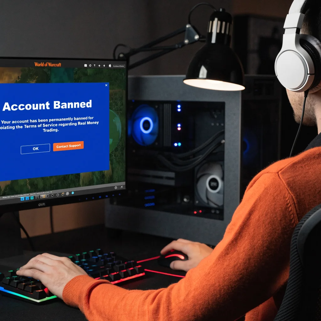 A close-up of a computer screen displaying a World of Warcraft ban notification related to real money trading with a gamer’s focused setup nearby.