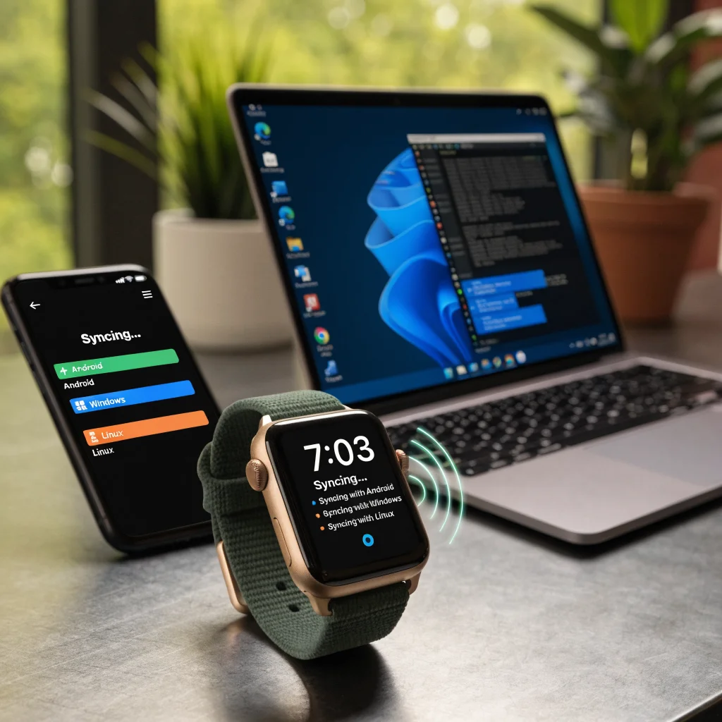 A close-up photo of an Apple Watch Series 12 connected to an Android phone and a laptop running Windows and Linux, displaying synchronization screens.
