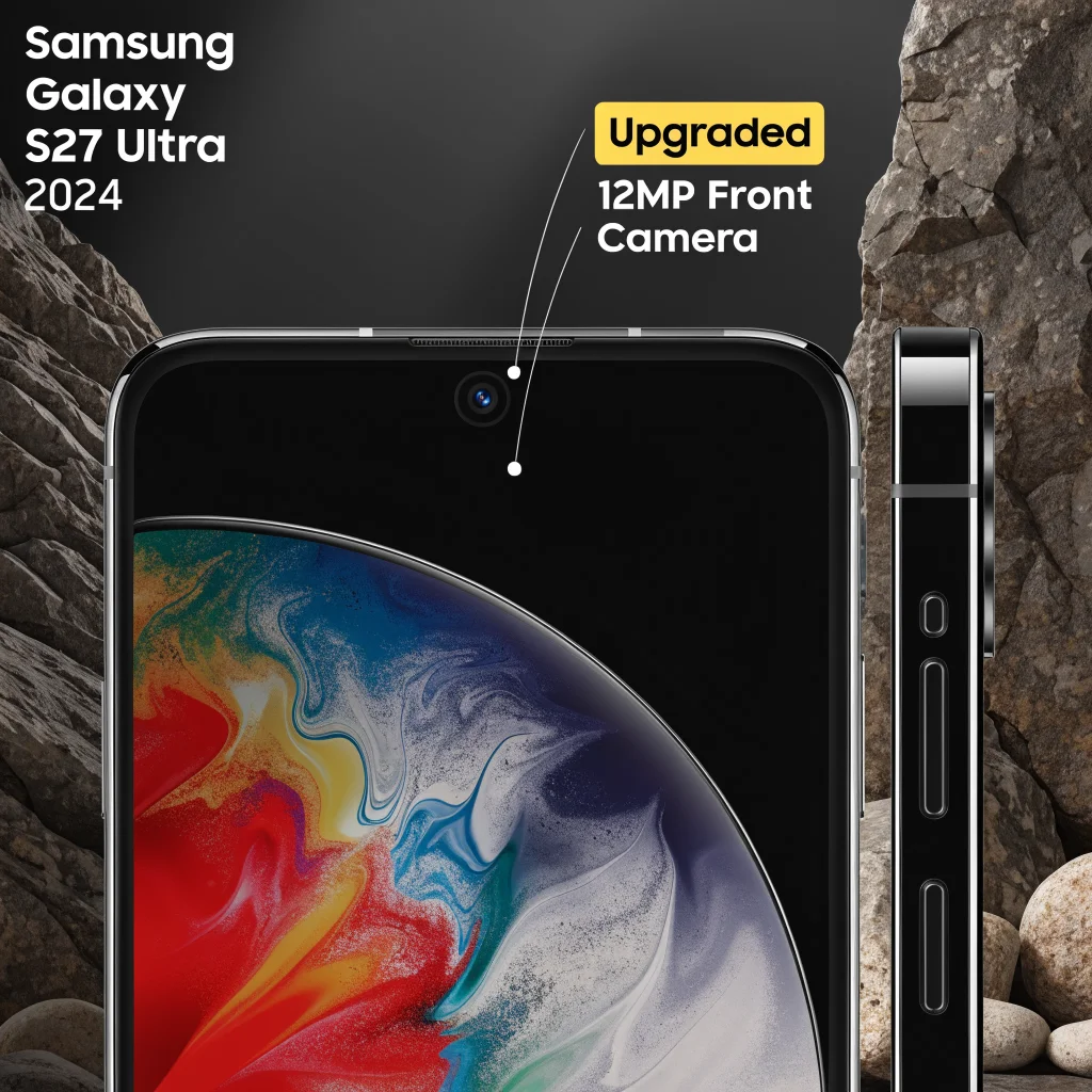 A close-up photo of the Samsung Galaxy S27 Ultra highlighting its upgraded 12-megapixel front camera for the 2024 flagship model.