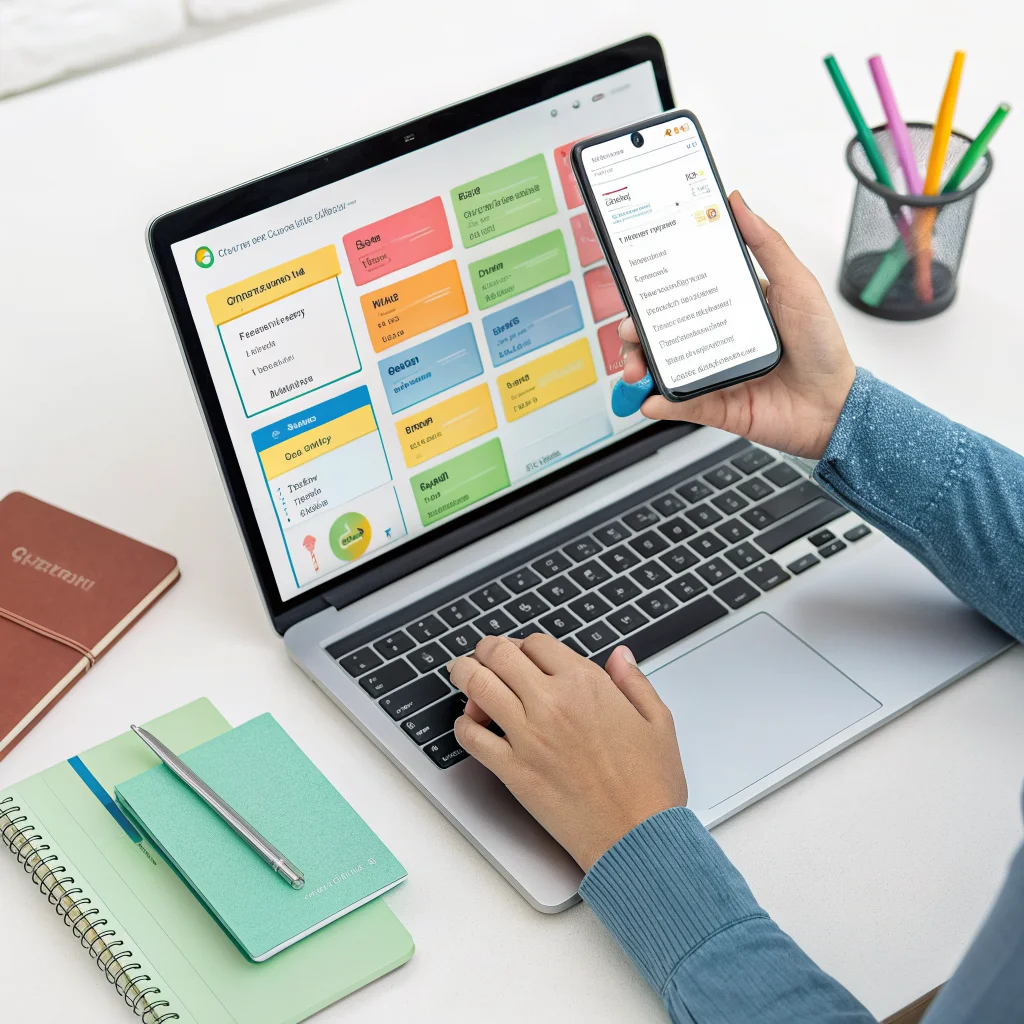 A person using Google Keep on a Google Pixel and MacBook, organizing color-coded notes with Kanban workflow and ASCII sorting features for productivity.