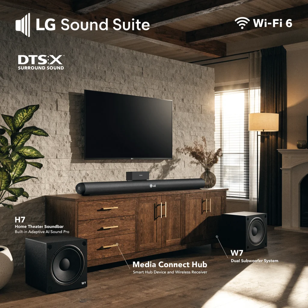 Realistic photo of the LG Sound Suite home theater system with H7 soundbar, dual W7 subwoofers, Media Connect Hub, showcasing DTS:X surround sound and Wi-Fi 6 GHz.