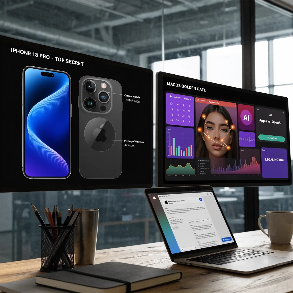 A professional photo of confidential iPhone 18 Pro design sketches alongside MacOS Golden Gate and AI interface concepts highlighting Apple and OpenAI legal dispute.