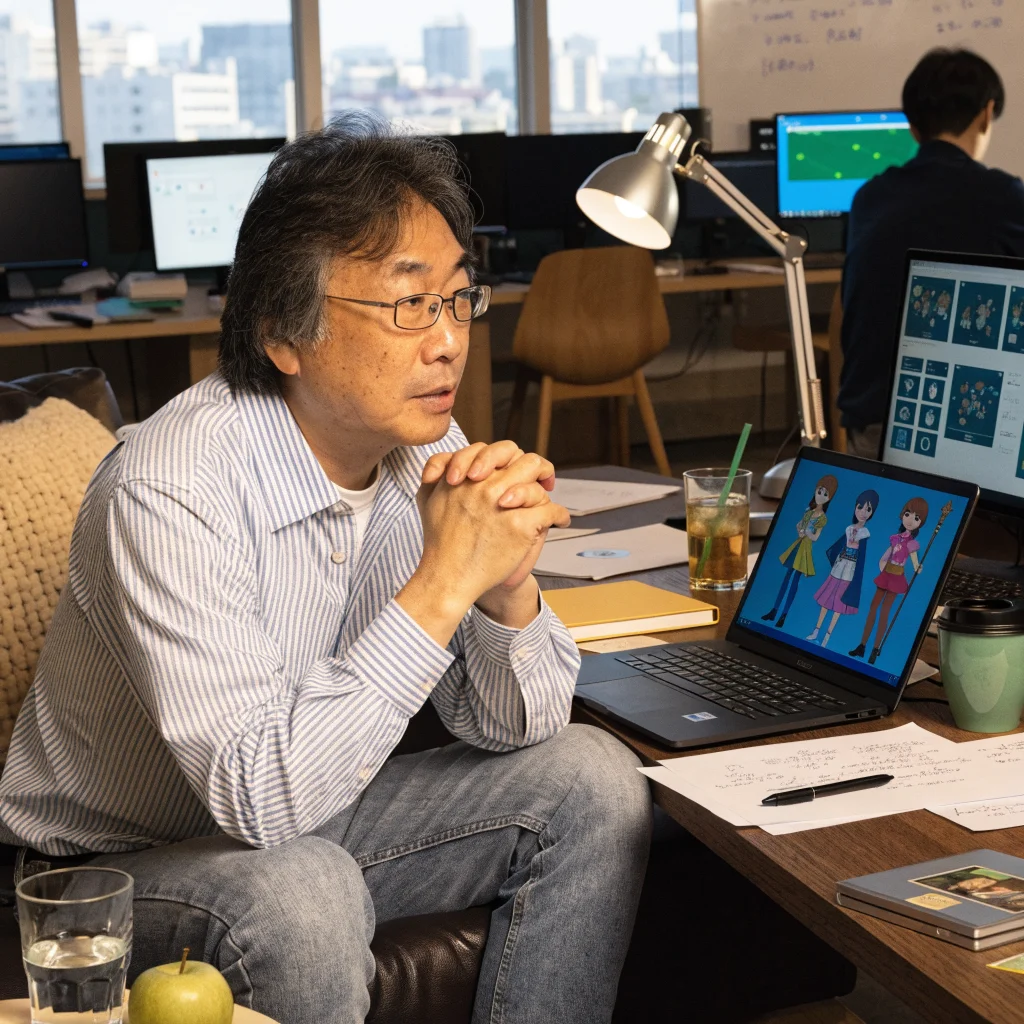 A realistic photo of Shigeru Ohmori discussing his new Japanese mobile RPG featuring magical girls, weather-based turn-based combat, real-time clock, and yokai spirits at a Game Freak studio.