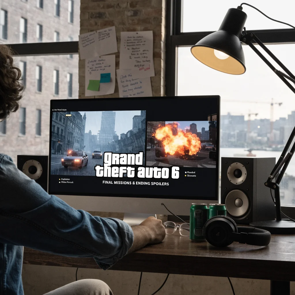 A realistic photo of a video game developer's computer screen displaying the final missions and ending scenes of Grand Theft Auto 6, highlighting leaked story spoilers.