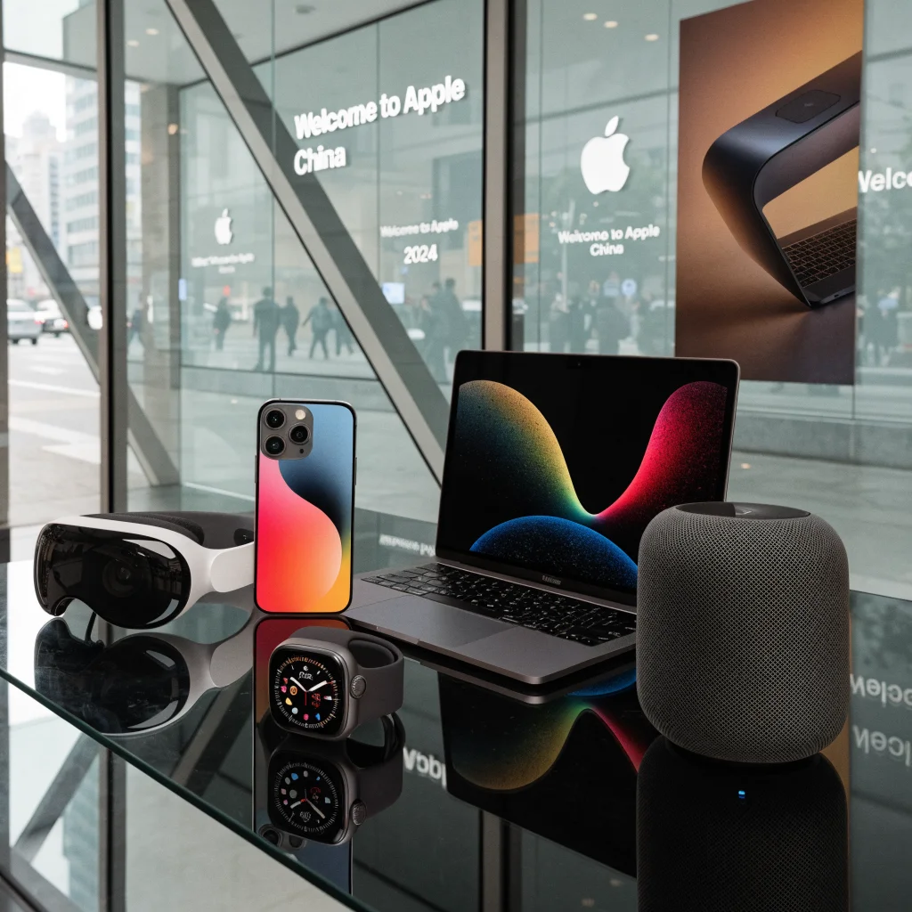 A realistic photo of Apple products including iPhone 17, MacBook Neo, Apple Watch Series 12, HomePod, and Apple Vision Pro displayed on a sleek table with a China market backdrop in 2024.