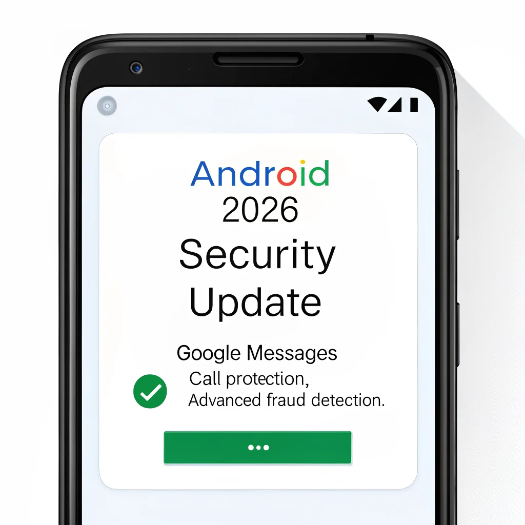 A smartphone screen displaying Android’s 2026 security update with Google Messages protection, call protection, and advanced fraud detection features.