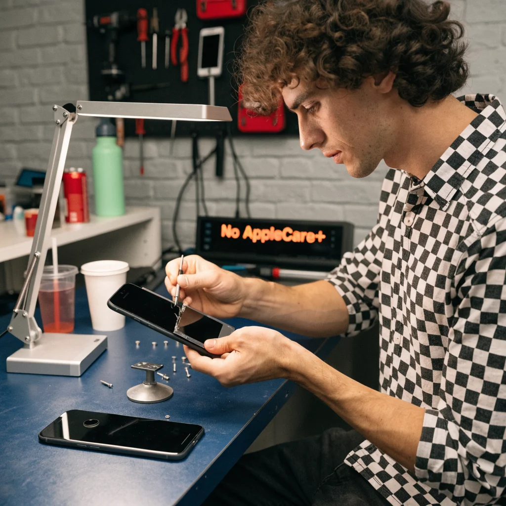 A repair technician carefully replaces the screen of an iPhone Duo foldable device without AppleCare Plus coverage in a smartphone repair shop.