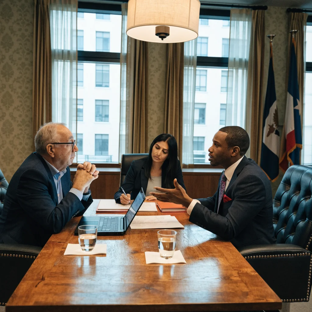 A realistic photo of lawyers discussing a legal case about children's protection from AI risks with state flags of Iowa and Nebraska in a courtroom.