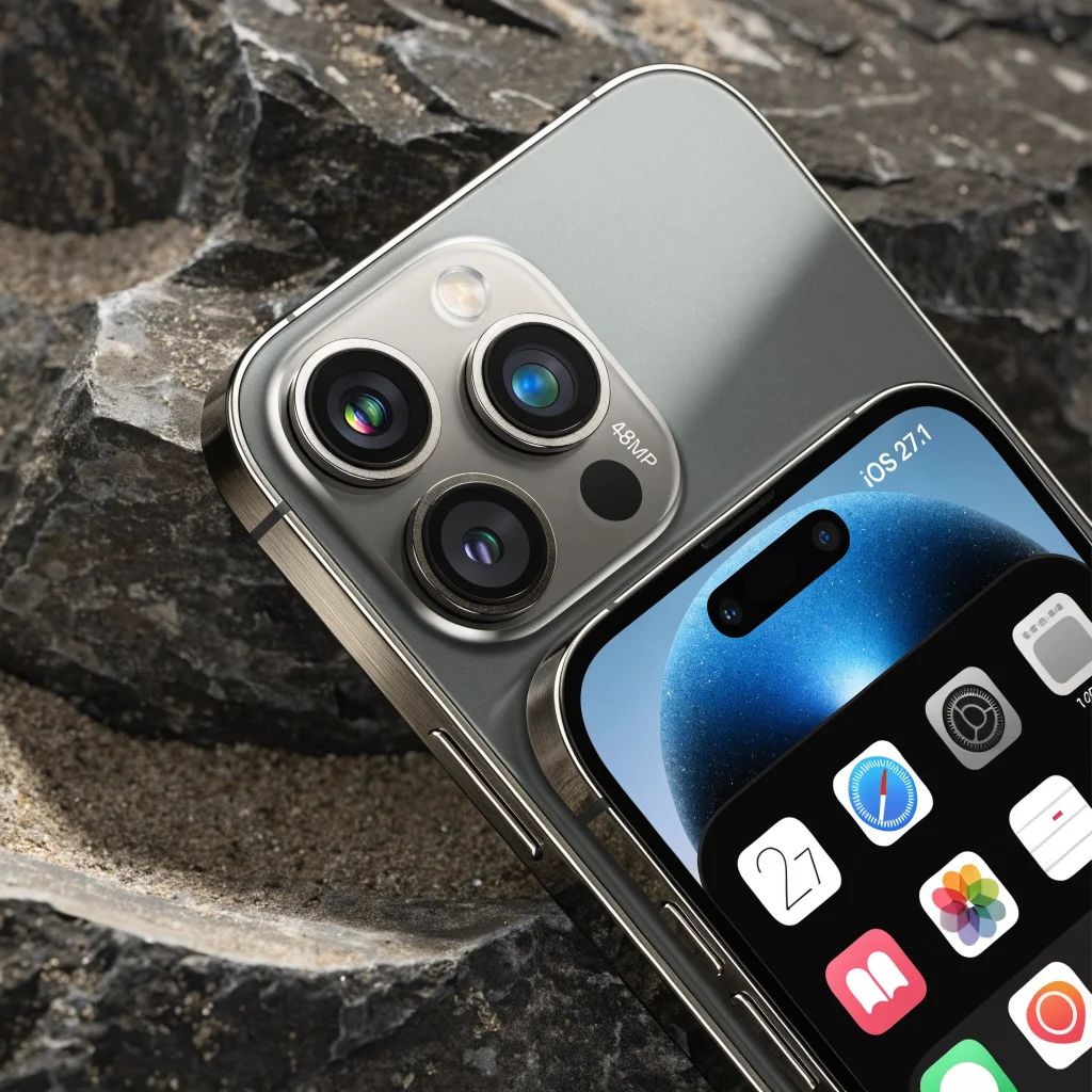 A close-up photo of the Apple iPhone 18 Pro highlighting its 48-megapixel camera and sleek design with iOS 27.1 displayed on the screen.