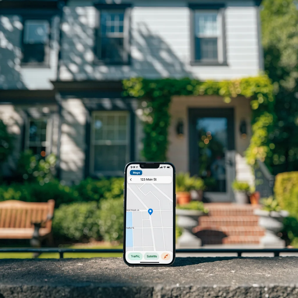 A realistic photo of a smartphone showing Apple Maps with a blurred residential house to illustrate privacy protection features.