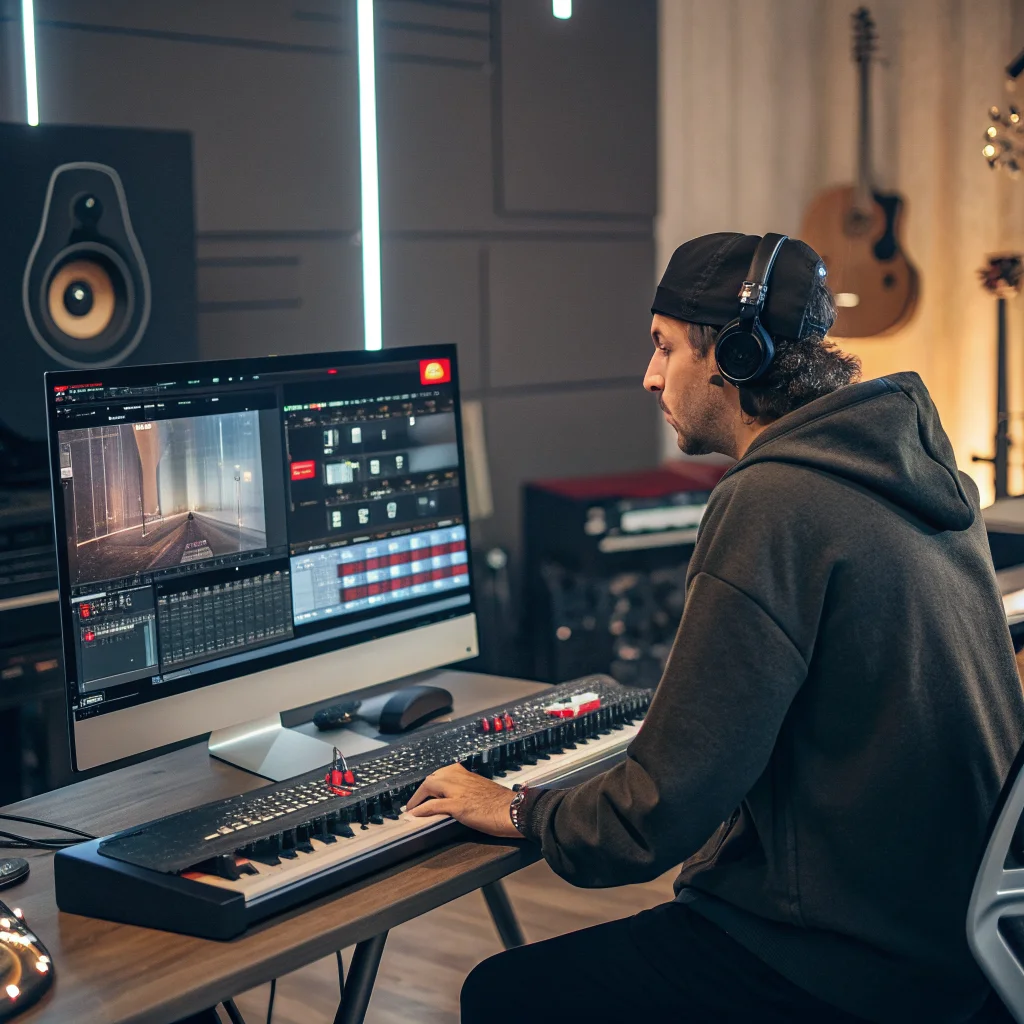A realistic photo of a music producer collaborating with AI technology on YouTube Music, highlighting AI music detection and transparent labeling innovation.