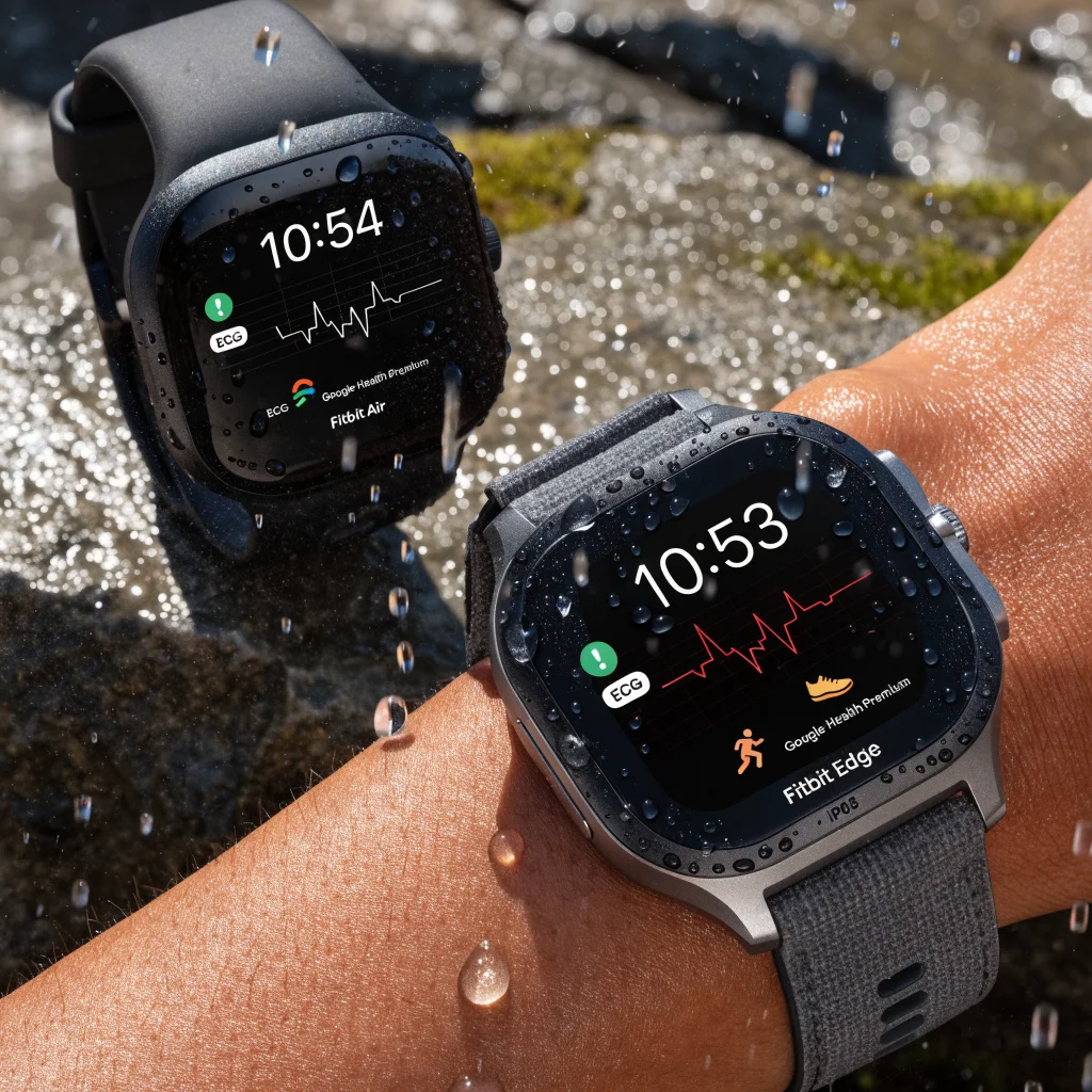 A close-up photo of Fitbit Edge and Fitbit Air fitness trackers with AMOLED screens, ECG features, IP68 water resistance, and Google Health Premium interface in 2026.