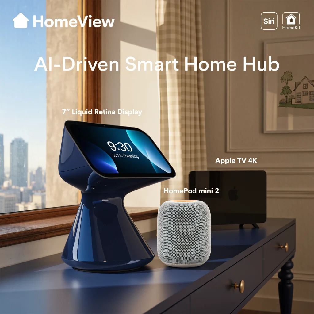 A sleek HomeView smart home hub with a 7-inch Liquid Retina display, iMac G4-inspired design, HomePod mini 2, Apple TV 4K, showcasing Siri AI and HomeKit automation.