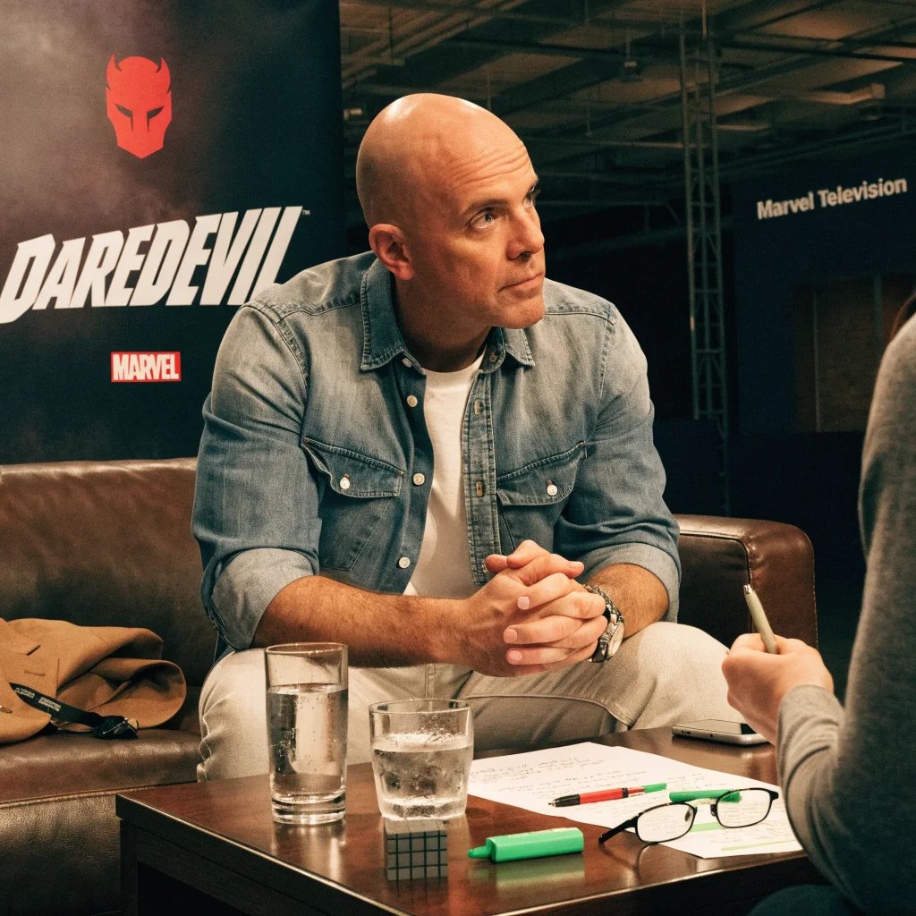 Brad Winderbaum discusses Daredevil season 3 cancellation and Marvel TV shows in an interview with a TV studio backdrop.