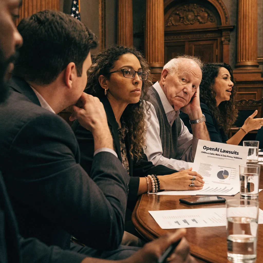 A courtroom scene showing lawyers and plaintiffs discussing OpenAI lawsuits about children’s safety risks and data privacy violations involving AI technology.