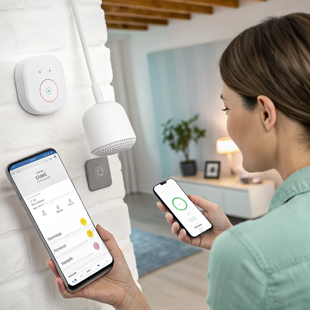 A person using a smartphone to control multiple smart home devices, including Philips Hue lights and Google Home, with visible carbon monoxide alarm on screen.