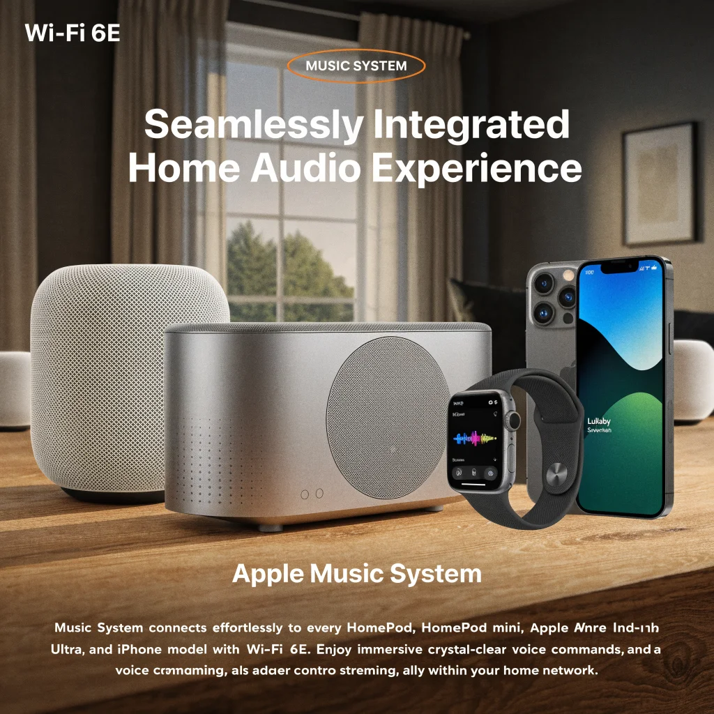A sleek modern Mac music system seamlessly connected to HomePods and HomePod mini speakers via Wi-Fi 6E, displayed alongside Apple Watch Ultra and iPhone 17.