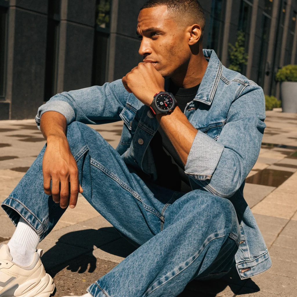 A realistic photo of the Fitbit Edge smartwatch showcasing fitness tracking features integrated into Google's wearable ecosystem in 2024.