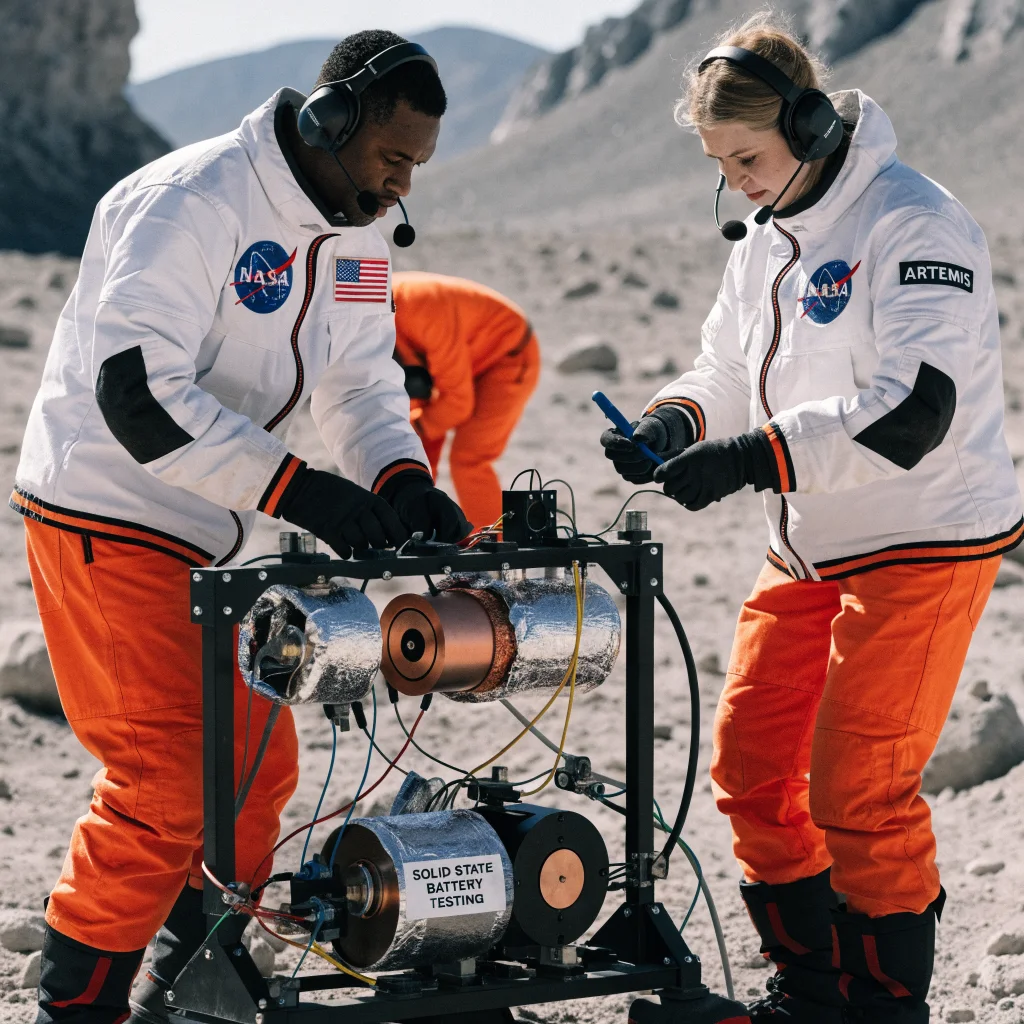 A realistic photo of NASA engineers testing solid-state batteries designed for extreme temperature resilience on the Moon’s surface for Artemis missions.