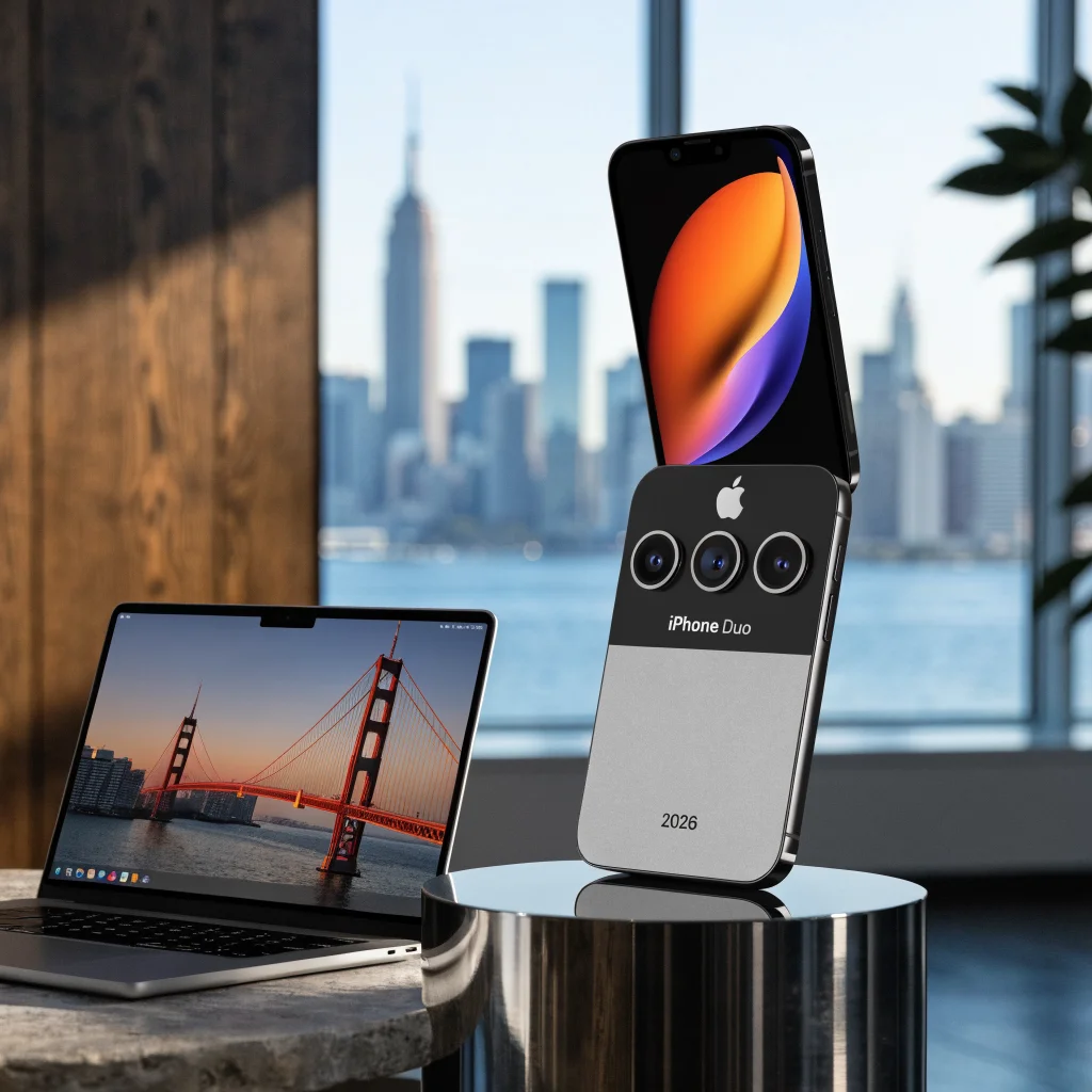 A realistic photo of the upcoming 2026 foldable iPhone Duo with an extendable screen and new cameras, alongside a laptop showing Apple macOS Golden Gate.