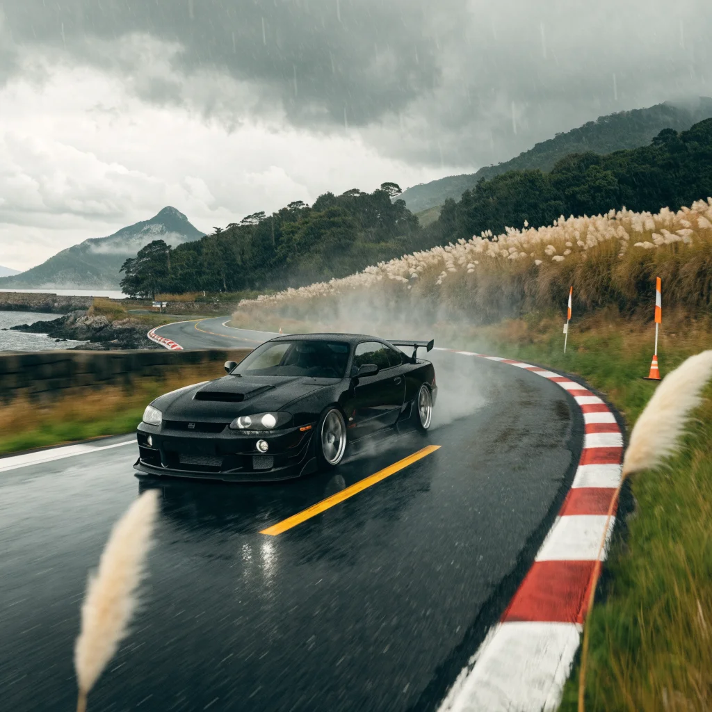 A realistic photo of a car racing on the Soni Circuit in Takashiro, North Japan, surrounded by pampas grass during a treasure hunt event in Forza Horizon 6.