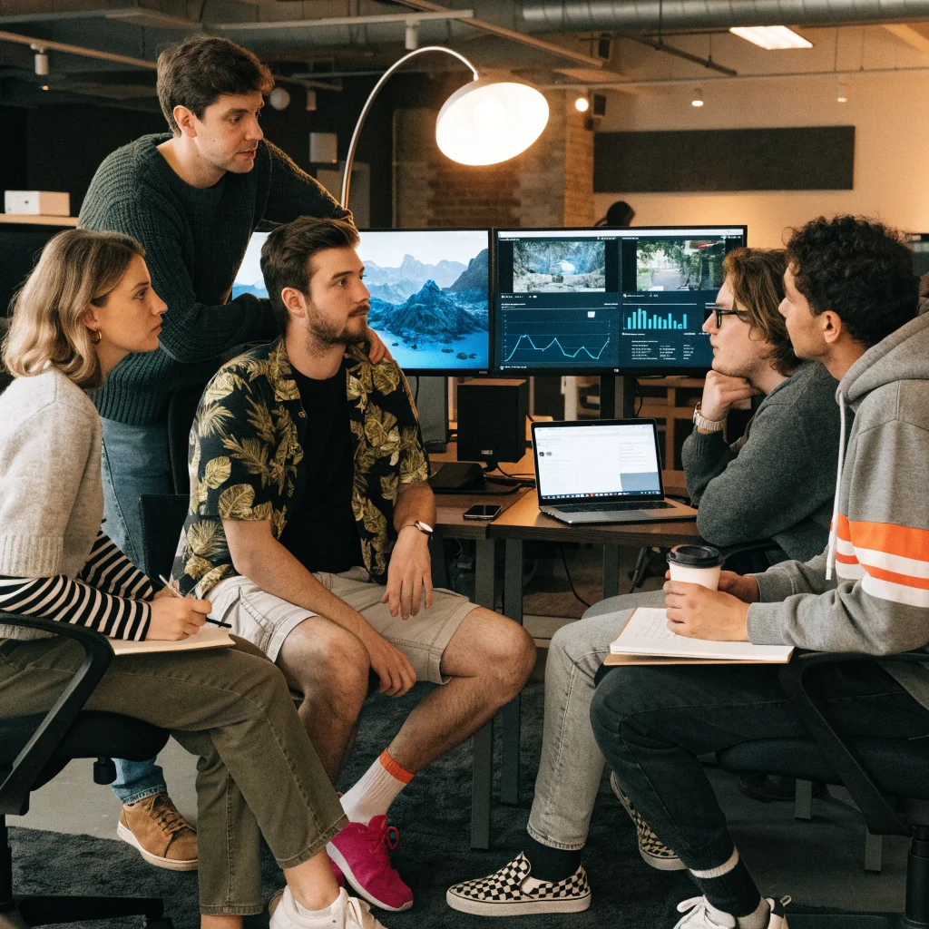 A realistic photo of a game developer team brainstorming around screens showing world-building and prototype gameplay for CD Projekt Red's Project Hadar.