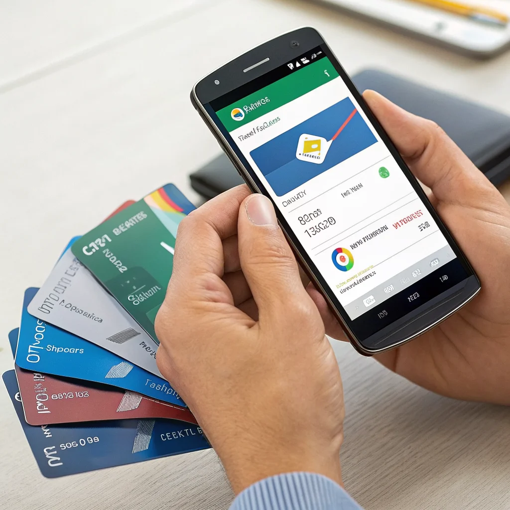 A person using a smartphone with the updated Google Wallet interface showing stacked payment cards and unique card nicknames for easy management and payment selection.