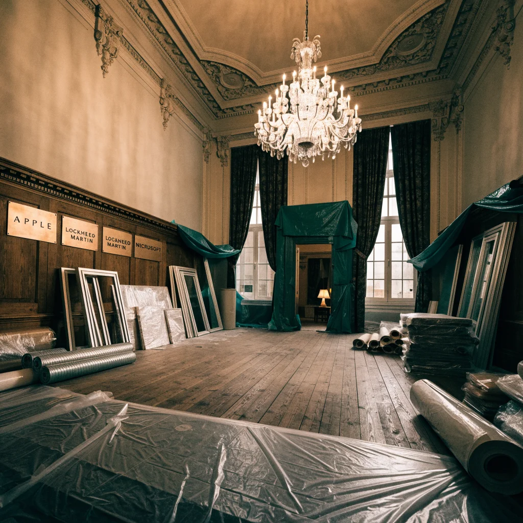 A realistic photo of the White House ballroom undergoing renovation with Apple, Nvidia, Lockheed Martin, and Microsoft donation plaques displayed prominently.