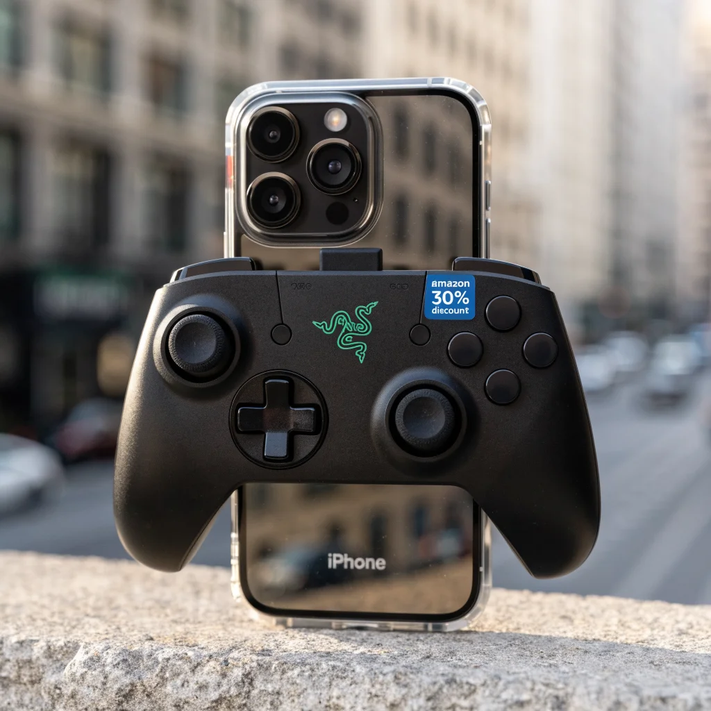 A close-up photo of a Razer Kishi V3 USB-C gaming controller attached to an iPhone 15, highlighting its console-style design and Amazon 30% discount label.