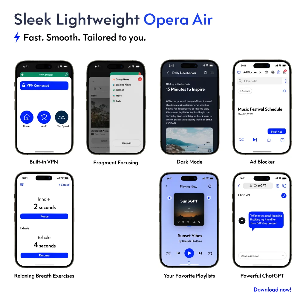 A sleek, lightweight Opera Air browser interface showcasing integrated VPN, fragment focusing features, breath exercises, dark mode, ad blocker, music playlists, and ChatGPT collaboration.