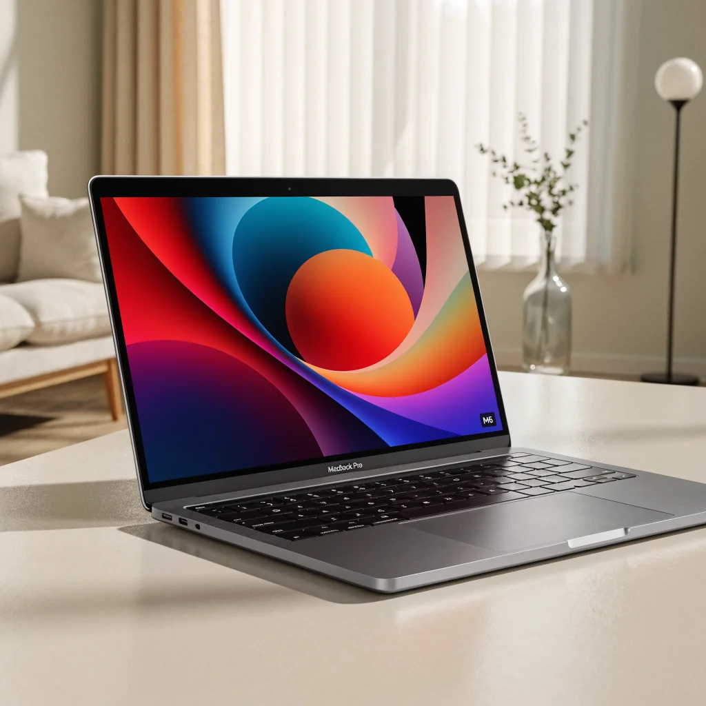 A sleek MacBook Pro with a vibrant OLED touchscreen display and Apple M6 processor on a clean desk under soft lighting.