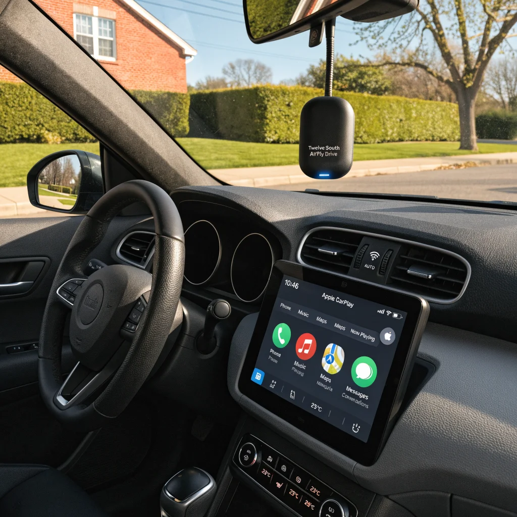 A realistic photo of the Twelve South AirFly Drive wireless CarPlay adapter connected to a car dashboard displaying Apple CarPlay on iOS 27.
