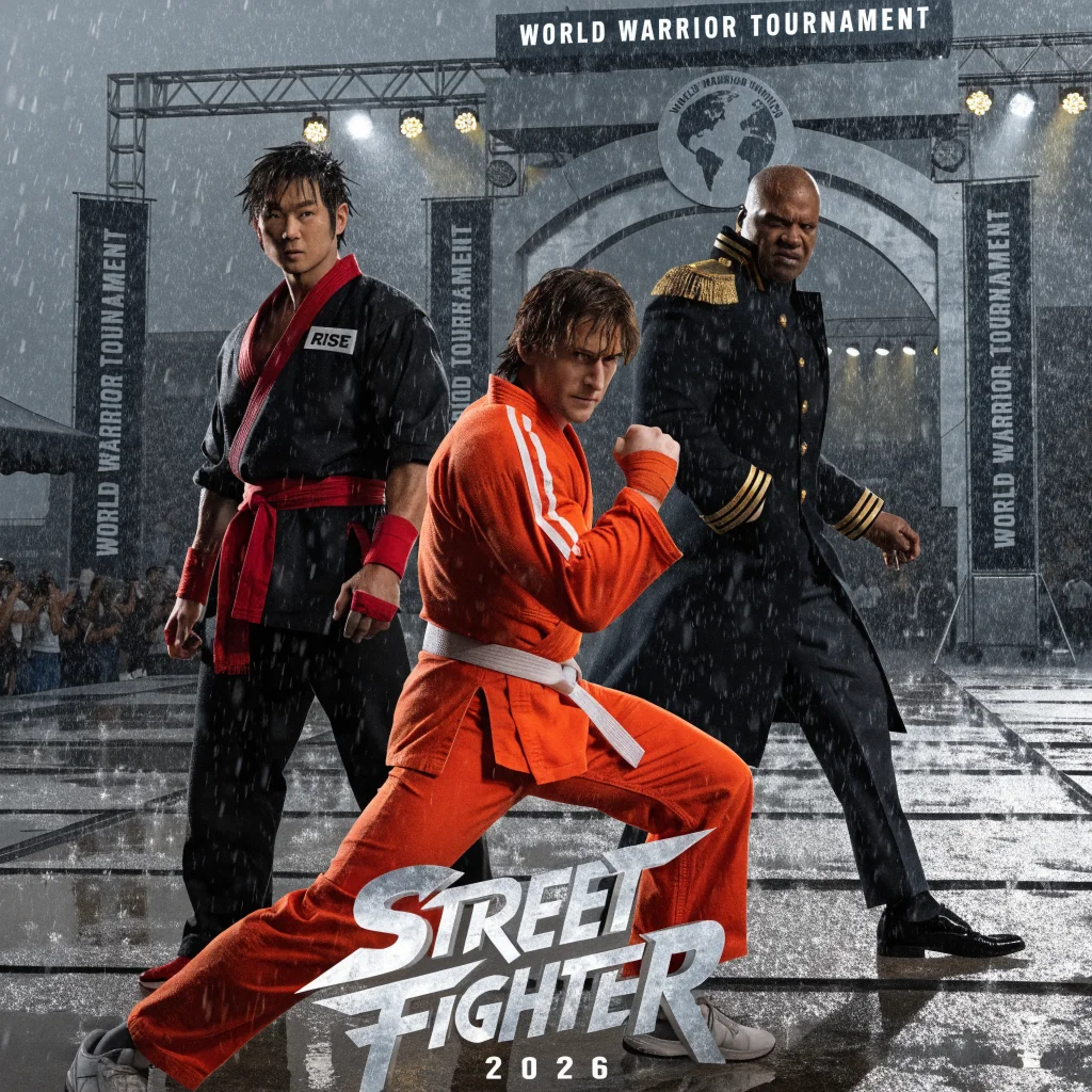 A realistic promotional photo of the 2026 Street Fighter movie featuring actors portraying Ryu, Ken, and M. Bison at the World Warrior Tournament set.